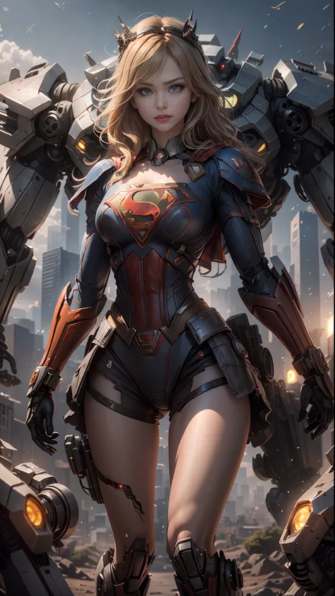 ((Best Quality)), ((Supergirls Masterpiece)), (Very Detailed: 1.3), 3D, Shitu-mecha, Beautiful cyberpunk woman wearing crown with her ruined mecha of a forgotten war city, long blonde hair, blue eyes, superman S symbol on chest, sci-fi technology, HDR (Hig...