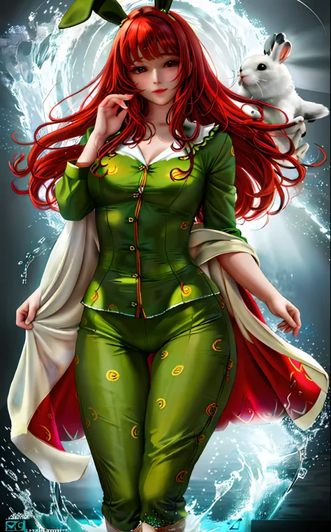 Realistic art, whole body, woman, 1.58 height, 65kg, 30 years, long wavy red hair with bangs, small breasts, big ass, round and delicate face, brown eyes, wearing water green pajamas with white rabbit print.