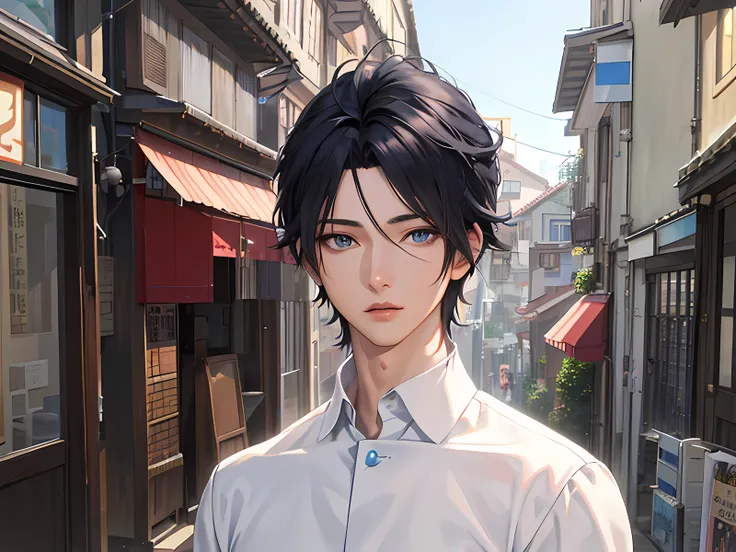 anime character in a white shirt standing in a narrow street, anime handsome man, young anime man, realistic anime 3 d style, male anime style, tall anime guy with blue eyes, male anime character, anime portrait of a handsome man, in an anime style, semire...