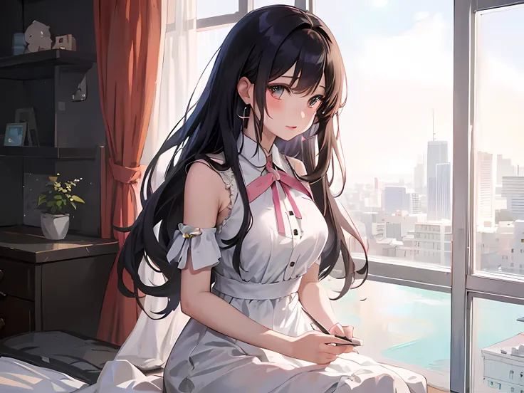 anime girl in white dress looking out window with city in background, anime moe artstyle, anime visual of a cute girl, smooth anime cg art, anime girl with long hair, cute anime waifu in a nice dress, young anime girl, beautiful anime girl, high quality an...