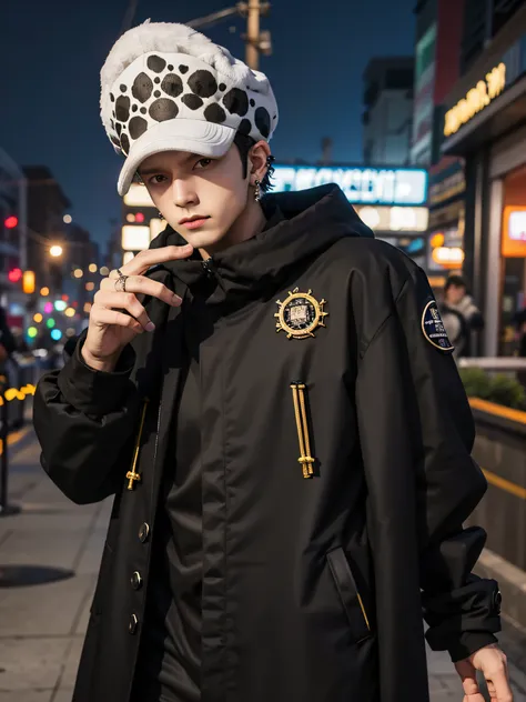 masterpiece,best quality,8k,highestres,absurdres, extremely detailed, punk coat,black coat,full body, 1boy,hat,earrings,