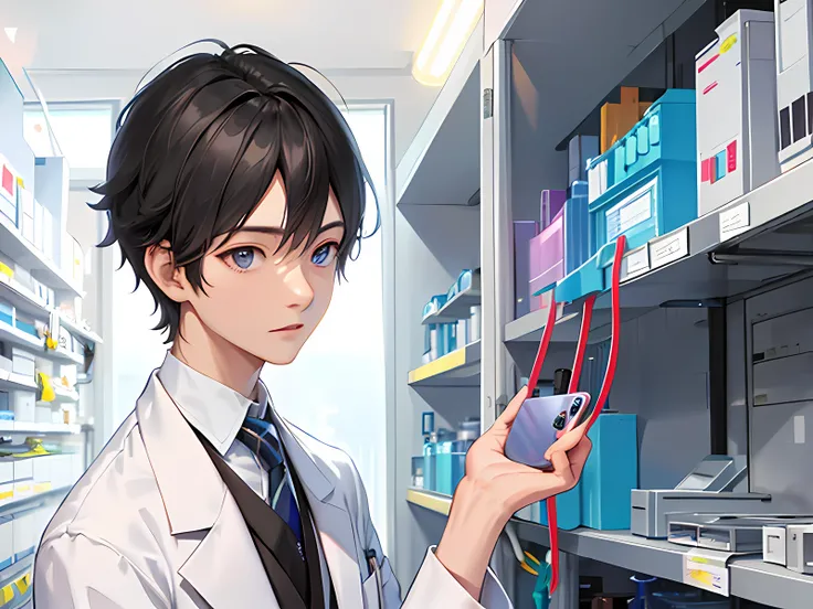 Anime character in lab coat, holding cell phone in front of shelf, wearing lab coat, lab background, man in lab coat, standing in lab, elite scientist, in lab, still from TV anime, he is in alchemist lab, Humachine humanization experiment, doctor, wearing ...