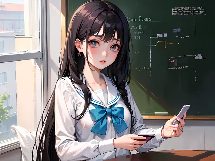 anime girl in a school uniform holding a cell phone, anime moe artstyle, smooth anime cg art, beautiful anime high school girl, anime visual of a cute girl, a hyperrealistic schoolgirl, from girls frontline, gapmoe yandere, painted in anime painter studio,...