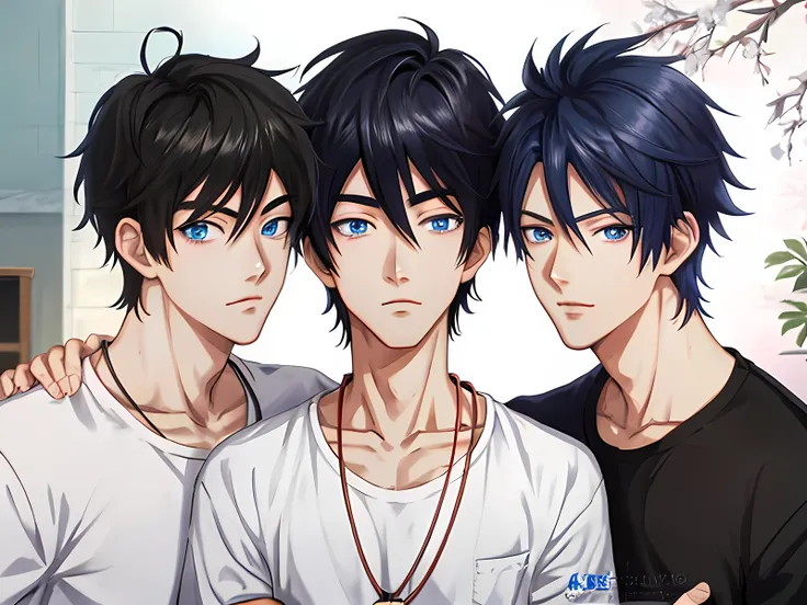 anime boy with blue eyes and black hair and two other boys, kawacy, in an anime style, male anime style, high quality anime artstyle, anime moe artstyle, smooth anime cg art, cute boys, in anime style, artwork in the style of guweiz, anime realism style, s...