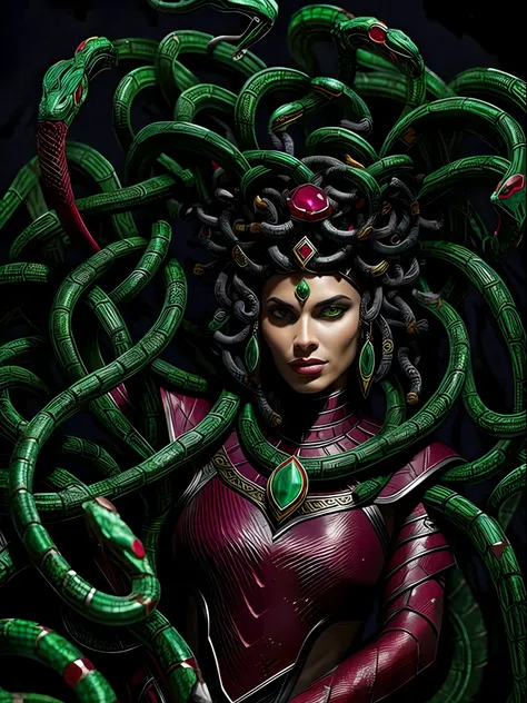 painting,ebony medusa,serpent warrior armor,intricate highly detailed (((ruby and emerald))) ocher (snake skin:1.2),indoors back...