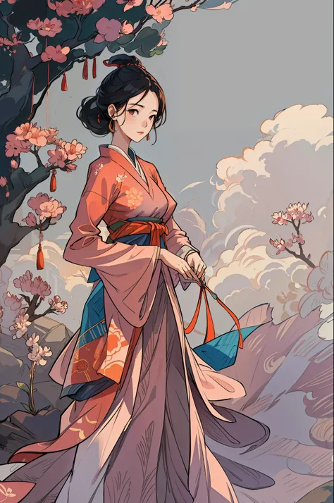 A beautiful girl in ancient China, dignified temperament, flowing long skirt, huge crape myrtle, standing in the sun, clear face, masterpiece, super detailed, epic composition, high quality, highest quality, 4k --v 6