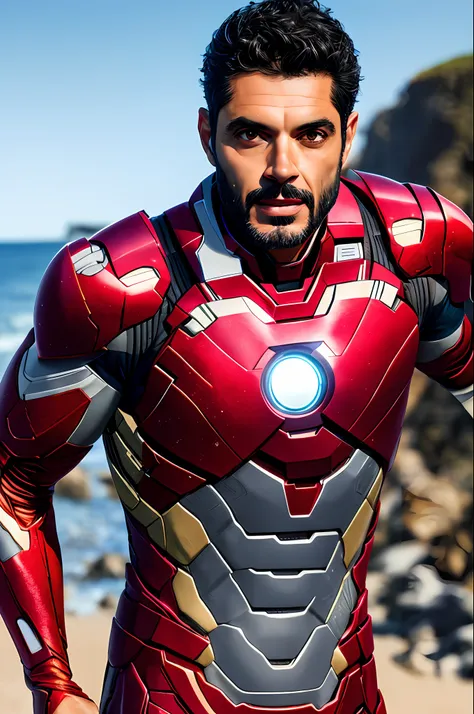 long photo of abel ferreira with soft smile, wearing ironman suit, hyper realistic photography, detailed face, on the coast, (hi...