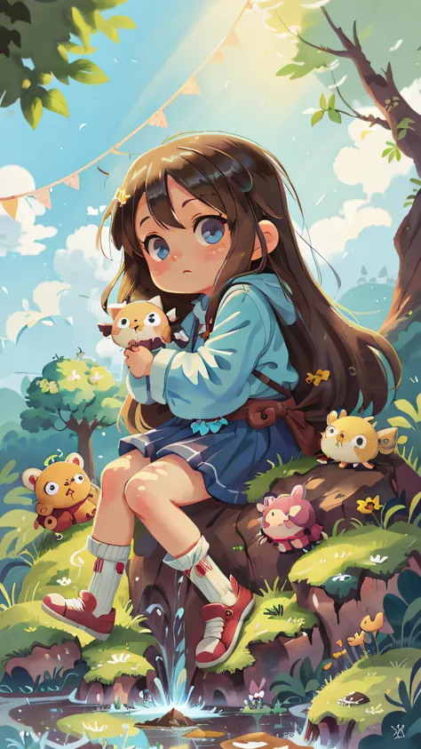 anime girl with blue eyes and long hair sitting on a cloud, water color nendoroid, pixiv style, pixiv, top rated on pixiv, cute art style, chibi art, anime moe artstyle, pixiv trending, anime chibi, cute anime style, trending on pixiv, splash art anime lol...