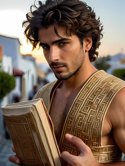 photo of an insanely handsome Greek man, honey eyes, short messy windy blonde hair, closeup zoomed in tight crop portrait, walking down a (street on a typical flowered Greek island scene people:1.2) wearing a (traditional ancient Greek clothing Chitons, Pe...