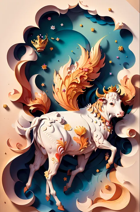 ((((masterpiece))), best quality, illustrations, beautiful details glow,
paper_cut, simple background, full body, water, clouds, colorful, floral background, (cow), fantasy, gemstone, crown, solo,