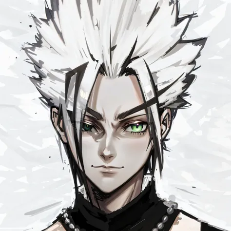 a drawing of a brunette man with a mohawk and a black shirt, manga style, with green eyes --auto --s2