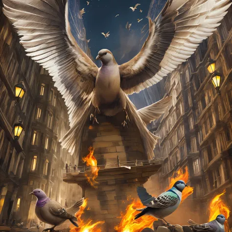 pigeons, sparrows, with cloths tied to their feet, catching fire, flying, night sky, good picture --auto --s2