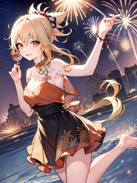 ((Best Quality, 8K, Masterpiece: 1.3)),1 girl, mature and charming woman, Golden hair, coming out of the bathroom, feet,Horsetail,dress,Dripping hair, getting dressed,