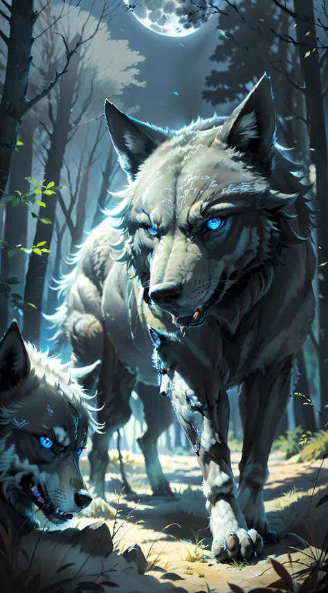 (photorealistic open image) super wolf protector of the pack, "black colored wolf bright blue eyes." canine pack of wolves, ( fu...