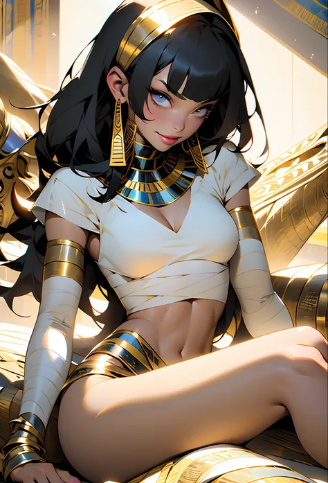 Female mummy, gorgeous face, full body, Cleopatra, all bandaged, ((bandaged breasts)), ((bandaged arms)), bare belly, navel, bandaged thighs, tiny thong, torn and tiny thong, Egyptian scratch on head, black hair with short bangs on forehead, Bettie Page, a...