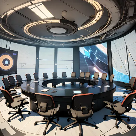 50 people large conference room, high technology, hologram, circular room, concept art --auto --s2