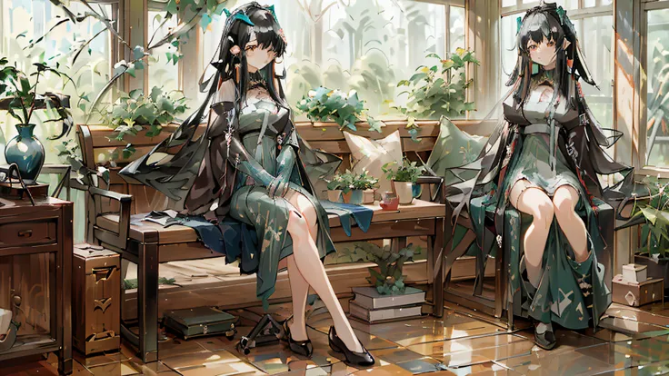 anime girl sitting on a bench in a room with a window, from arknights, kawacy, guweiz on pixiv artstation, girls frontline style...