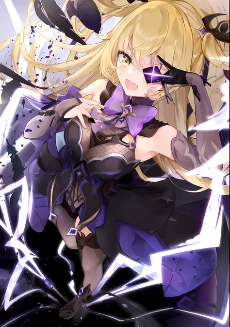 anime girl with blonde hair and purple eyes holding a purple object, ayaka genshin impact, ayaka game genshin impact, splash art anime loli, genshin impact, detailed key anime art, artoria pendragon, keqing from genshin impact, splashes of lightning behind...