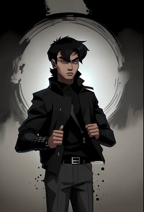 asian boy wearing black jacket, black hair with mullet, cool, young teen, comics style character