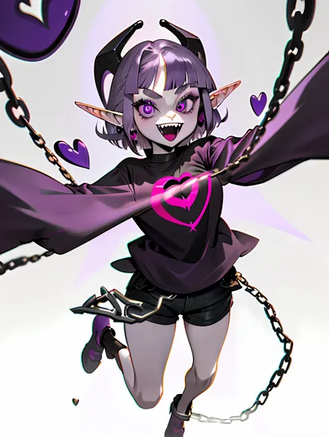 ((masterpiece,best quality)),1girl, loli, solo,elf ears, heart shaped earrings, heart shaped pupils, short hair, ((purple hair)), a pink streak on the bangs, ((a gap between the teeth)), Long black t shirt, long sleeves, shorts with chain, full body,((fang...