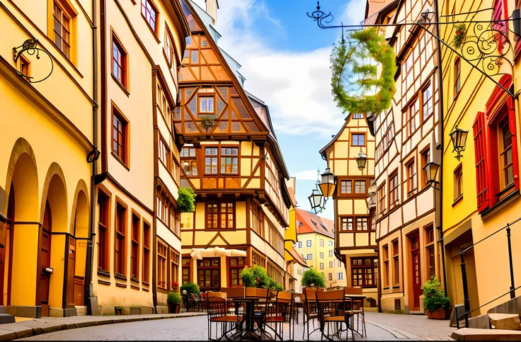 there are many tables and chairs on the cobblestone street, old town, old city, germany. wide shot, nuremberg, in a city with a ...