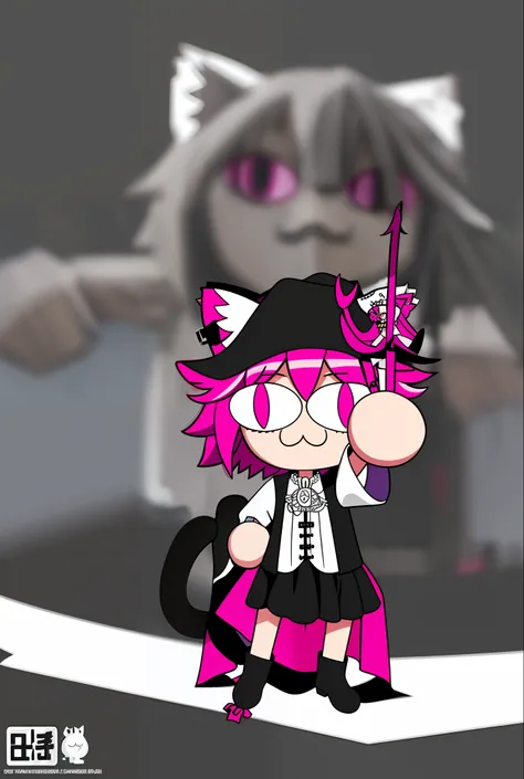 neco arc, middle finger, full body, 1girl, :3, cat ears, full body, chibi, cat girl, cat tail, solo, slit pupils, pirate hat, un...