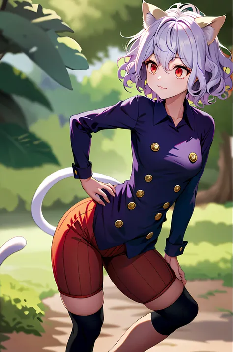 masterpiece, best quality, highres, neferpitou1, cat ears, (cat tail:0.6), solo, short hair, red eyes, long sleeves, hair betwee...