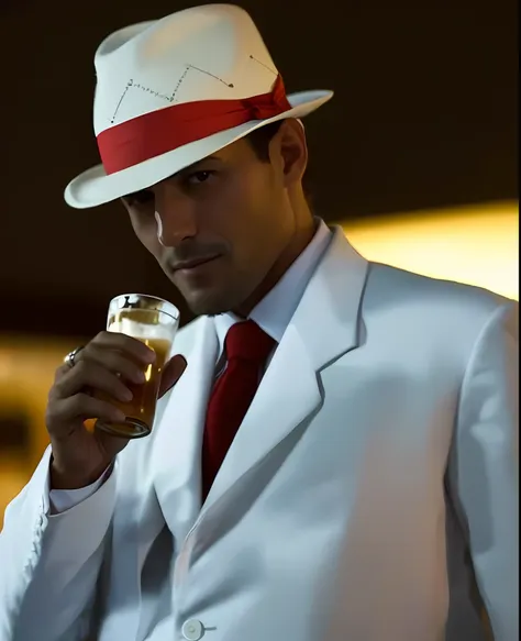 there is a man in a white suit and red tie holding a beer, white suit and hat, wearing white suit, with cigar, a man in a hat, t...