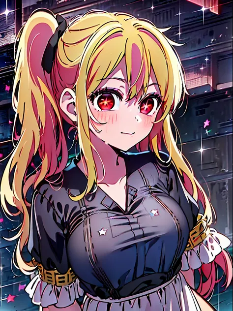 1girl (Masterpiece) (Best Quality)(Glossy hair)(Glossy skin), Ruby Hoshino, swimsuit, 1 girl, Solo, Ruby Hoshino, Symbol-shaped pupil, (Left star pupil:1.5), Glitter eyes, (Red eyes, Left star:1.5), Symbolic eyes, Long hair, Blonde hair, Bangs, Blushing, (...