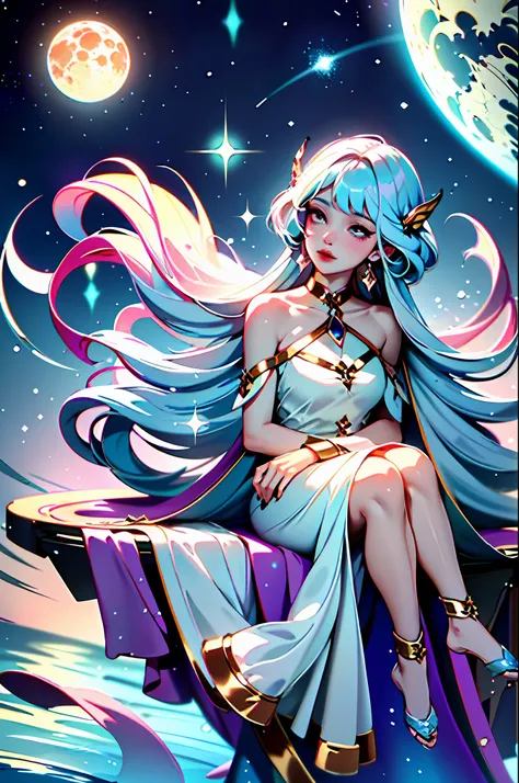 a close up of a woman in a dress sitting on a table, lunar themed attire, ethereal and dreamy, ethereal fairytale, ethereal fant...