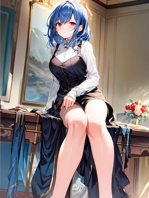 ((best quality, 8k, masterpiece: 1.3)),1 girl, mature and charming woman, blue hair, coming out of the bathroom, feet,dress,drip...