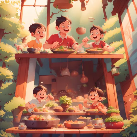 eating together for two people at table, eating hot pot together, chicken soup hot pot, happy cartoon, hd illustration, exciting...