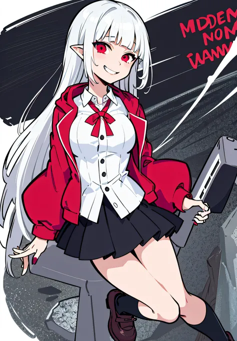 1girl, white hair, bangs, blunt bangs, vampire, frilled skirt, red windbreaker, modern windbreaker, modern, modern outfit, Columbia Womens Switchback III Jacket, hood down, pointy ears, looking at viewer, smile, solo, amused expression, smug, thigh-highs, ...