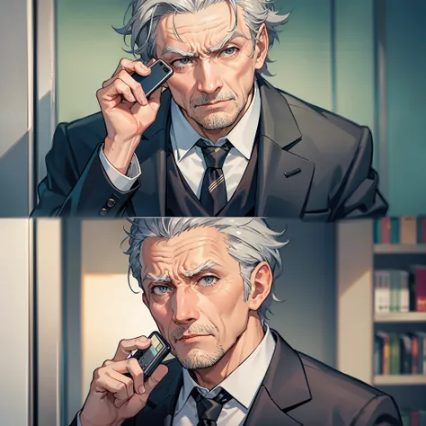 elderly, gray hair, wrinkles, male. wearing suits, angry expressions, phone calls, office scenes