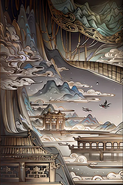 An ancient Chinese painting, ancient Chinese background, mountains, rivers, auspicious clouds, pavilions, sunshine, masterpieces, super detail, epic composition, ultra HD, high quality, extremely detailed, official art, unified 8k wallpaper, Super detail, ...