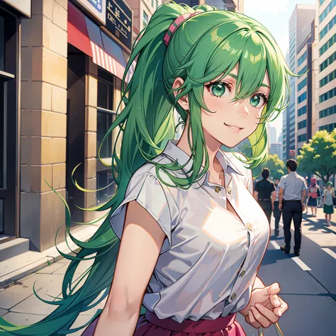 female, green hair, ponytail, white shirt, pink skirt, city street background, pulling others, smiling