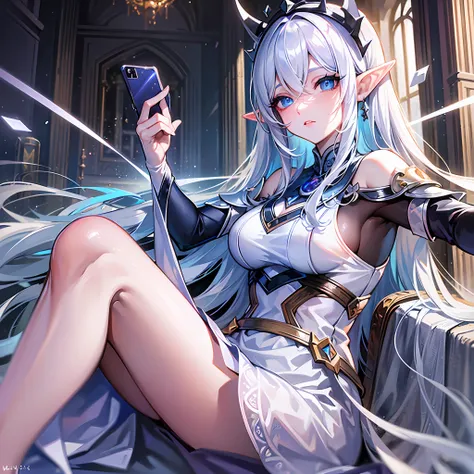 (Masterpiece, best quality:1.2),elf,female,anime girl,blue eyes,white long hair,close up shot,white eyelashes, selfie pose, selfie,elf ears,2 bangs,ice powers,wearing a white modern dress,cold, ignoring facial expression,falling Snowflakes,pale skin,slim,f...