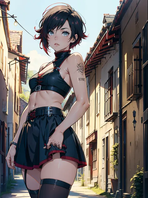 ruby rose, in an old village, (sunny day:1.1),(thigh high:1.2),(black skirt:1.1), topless, posing, (small breasts:0.9)