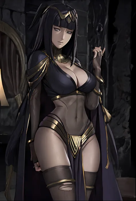 ((masterpiece:1.2)), best quality, ((extreme detail)),(ultra-detailed), anime screencap, extremely, detailed, CG, 3d, unity, 8k, wallpaper, blunt bangs, hime cut, tharja, tharja(fire emblem), black hair, long hair, looking at viewer, (large breasts), gold ...
