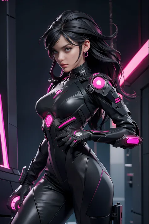 solo, super fine photo, portrait Unreal Engine 5 8K UHD of beautiful and aesthetic girl (girl: 1.3), gorgeous, black short wavy hair, red and black color scheme tight cybernetic latex catsuit, cyberpunk assassin, cybernetic half face mask, earrings, latex ...