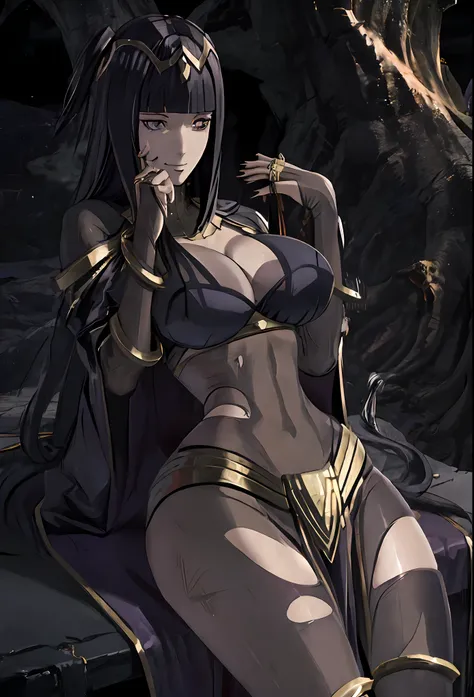 ((masterpiece:1.2)), best quality, ((extreme detail)),(ultra-detailed), anime screencap, extremely, detailed, CG, 3d, unity, 8k, wallpaper, blunt bangs, hime cut, tharja, tharja(fire emblem), (black eyes), black hair, long hair, looking at viewer, (large b...
