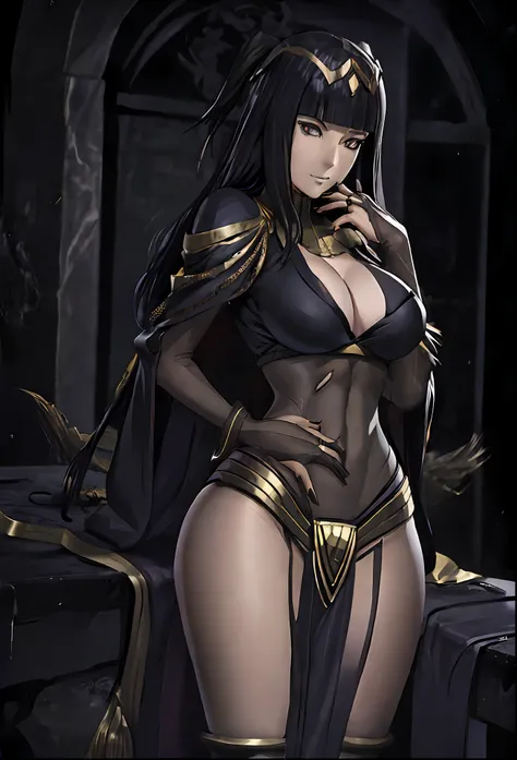 ((masterpiece:1.2)), best quality, ((extreme detail)),(ultra-detailed), anime screencap, extremely, detailed, CG, 3d, unity, 8k, wallpaper, blunt bangs, hime cut, tharja, tharja(fire emblem), ((black eyes)), black hair, long hair, (large breasts), gold loi...