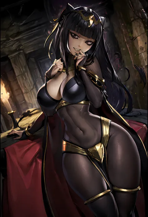 ((masterpiece:1.2)), best quality, ((extreme detail)),(ultra-detailed), anime screencap, extremely, detailed, CG, 3d, unity, 8k, wallpaper, blunt bangs, hime cut, tharja, tharja(fire emblem), ((((black eyes)))), black hair, long hair, (large breasts), gold...