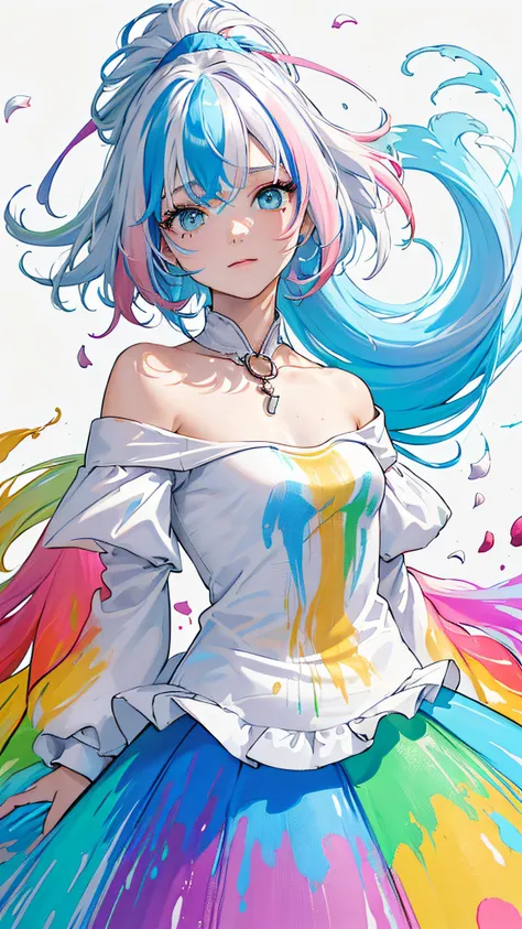 （pink fashion t-shirt：1.9），(colorful hair: 1.8), (all the colours of the rainbow: 1.8),(((((vertical painting：1.6))), （painting：...