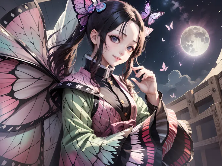 shinobu, kimetsu no yaiba manga, 1 girl, smile gently, play with butterflies, dynamic angle shot, ultra detailed, ((hyper realis...