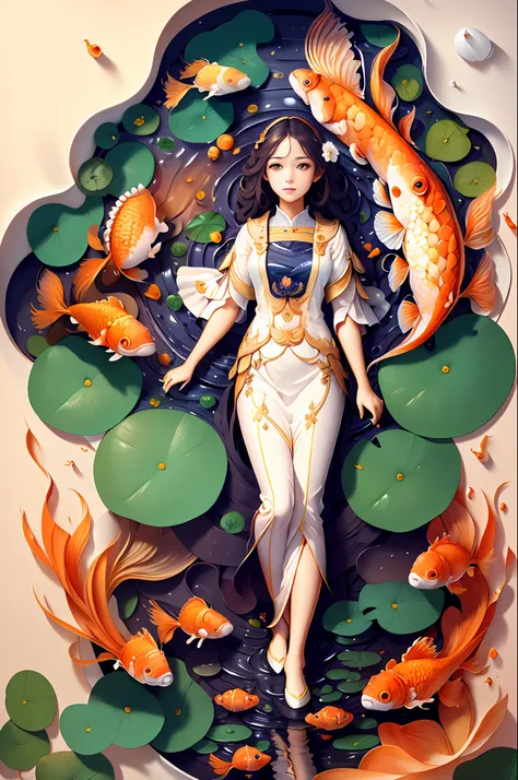 ((masterpiece)), best quality, illustration, beautiful details glow, 1 girl, solo, full body, colorful, white cloth, (water), lo...