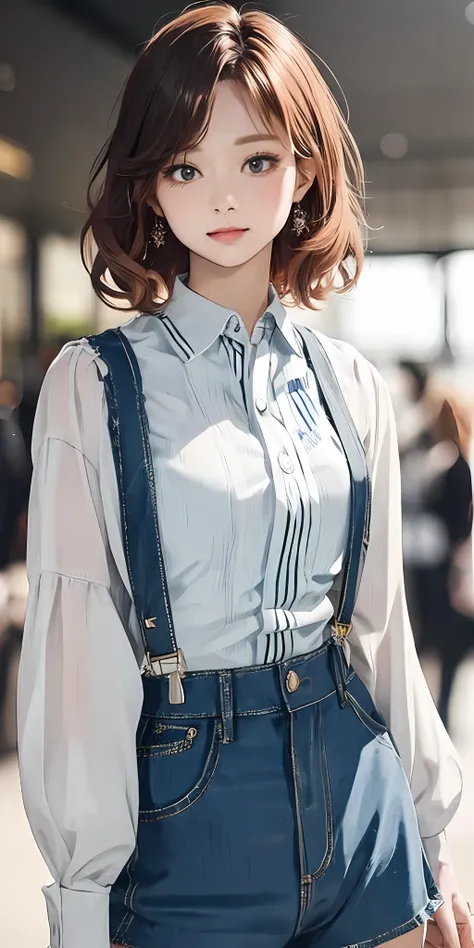 (masterpiece, best quality), beautiful woman, cropped shirt, suspenders, shorts, short wavy hair, asymmetrical bangs, perfect fa...