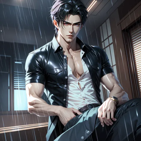 anime - style decadent man, short sleeves, half-body, dim light, in the room, decadent anime pose, anime handsome man, realistic...