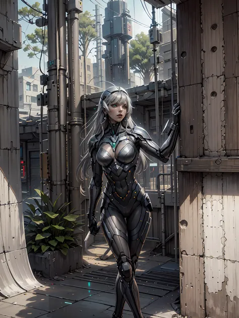 Masterpiece, (Best Quality), (Ultra Detailed), (Hyperrealism: 1.2), Landscape, Sci-Fi, Transistor Punk, Cyberpunk, Biopunk, (Magazine Cover: 1.4), (Gray, White), Female Robot, Sunhat, Earrings, Back Mechanical Angel Wings, Angel Wings, Future Town, Dynamic...