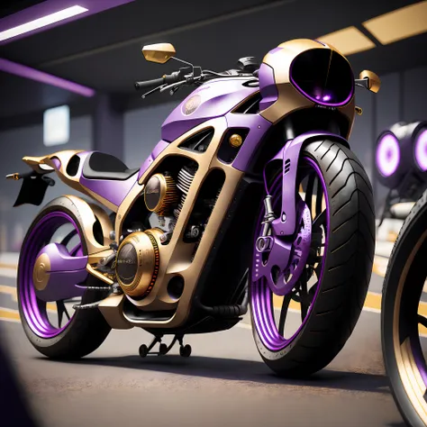 purple and gold motorcycle parked in a parking garage with other motorcycles, cycles 3 d render, cycle render, 8k octane 3d rend...